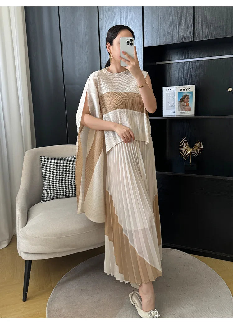 Miyake Pleated Two Piece Skirt Sets Women Sleeveless Irregular T-shirt Long Contrasting Color Skirt