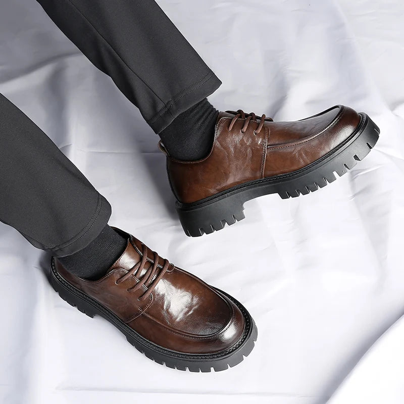 Men's Fashion Genuine Leather British Style Thick Bottom Work Shoes Classic Lace Up Comfortable Anti Slip Big Head Leather Shoes