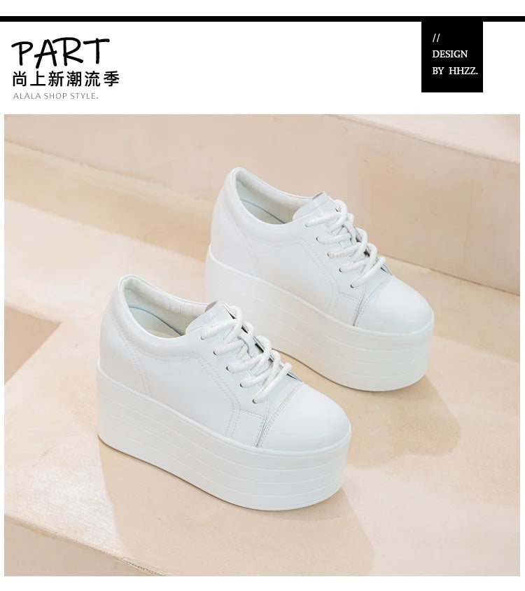 12cm Genuine Leather Platform Wedge Chunky Sneaker Hidden Heels Casual Breathable New Spring Autumn High Brand Vulcanize Shoes