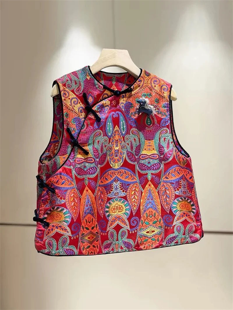 New Chinese High-end red Chic Vest Jacket Women's Spring Classic Buckle Vest Round Neck Buckle Tang Suit Jacket Sleeveless Coat