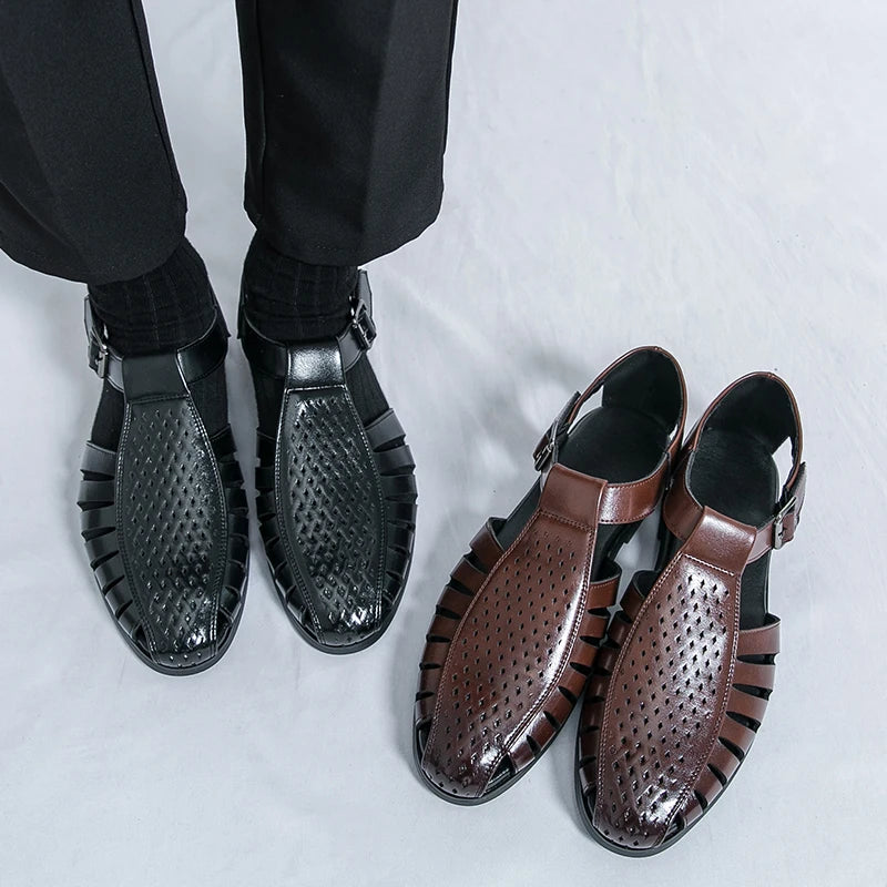 Brand's New Men's Summer Oversized Breathable Sandals Retro Pointed Men's Fashion Trend Hollowed Out Comfortable Leather Shoes