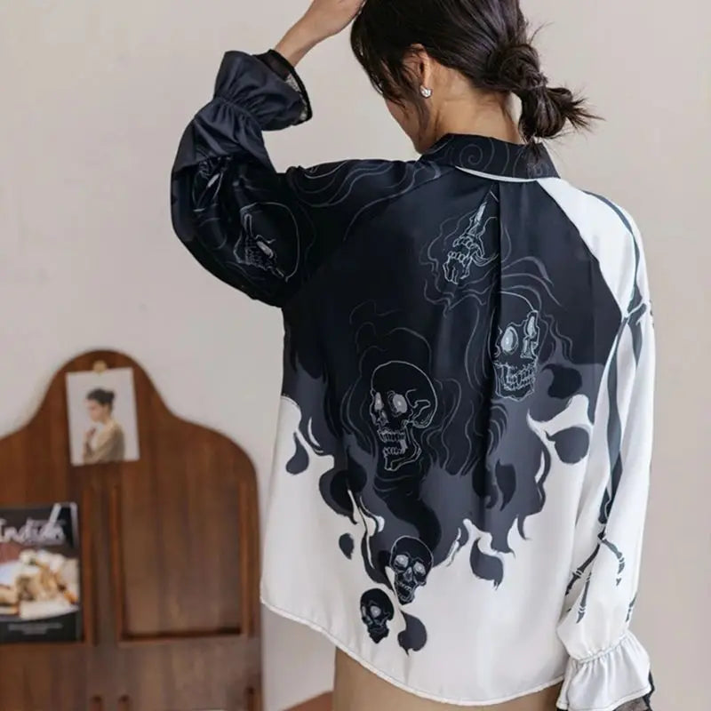 Y2K stylish blouses skull printing shirts lantern Sleeve with lace decor shirts blouses casual loose streetwears Blusas Mujer