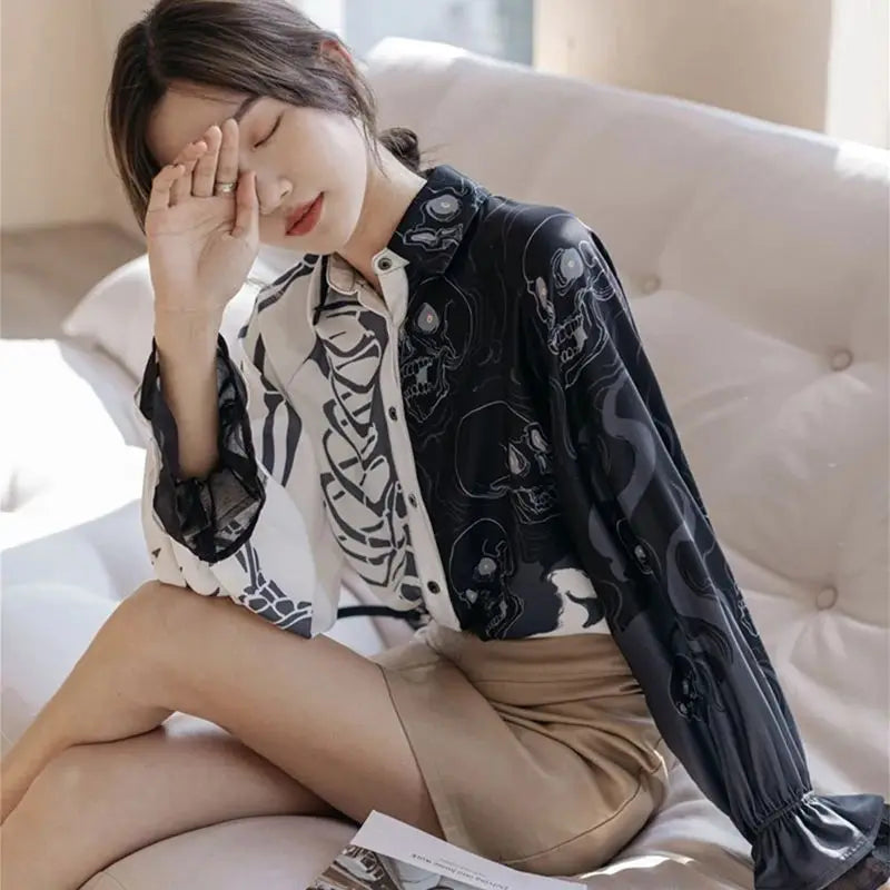 Y2K stylish blouses skull printing shirts lantern Sleeve with lace decor shirts blouses casual loose streetwears Blusas Mujer