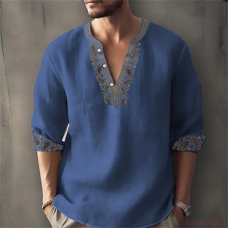 2026 Summer New Men's Fashion Printed Shirt, Henley Collar, Long Sleeve, Ethnic Style, Loose Fit, Breathable, Casual Men's Top