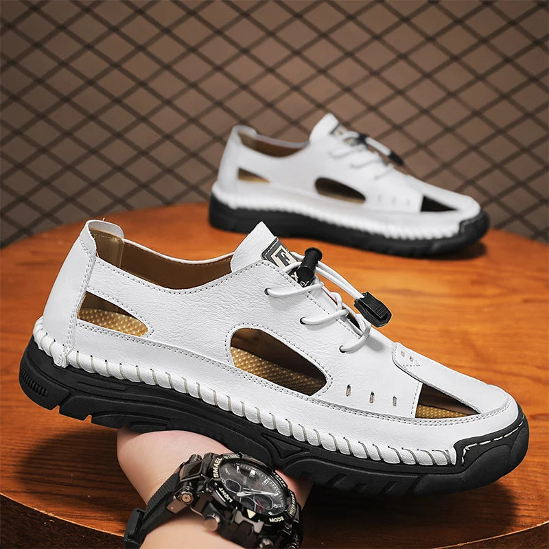 Summer Classic White Soft Bottom Handmade Stitching Beach Men's Shoes Outdoor Men's Comfortable Hollow Breathable Casual Shoes