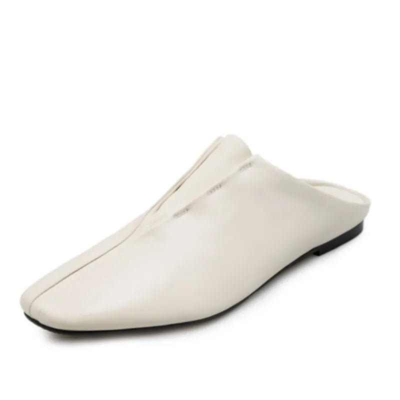 Genuine Sheepskin Mules Women Covered Square Toe Deep Mouth Flat Heel Casual Slippers Female Vacation Slides