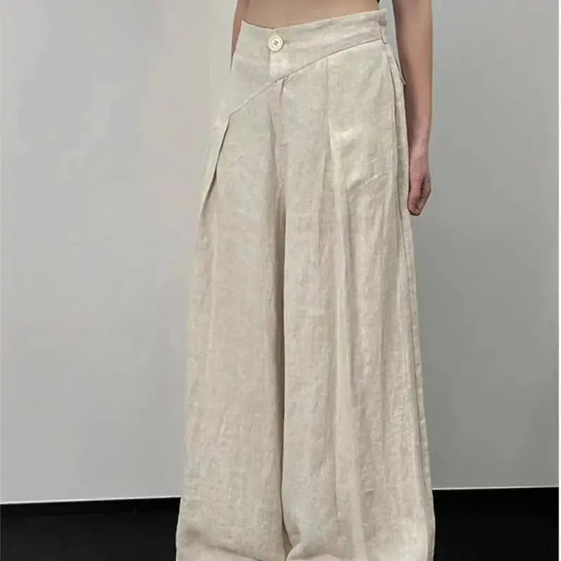 Limiguyue Japanese Cotton Linen Wide Leg Pants Women Irregular Waist Summer Pants One Button Loose Pleated Full Trousers F157