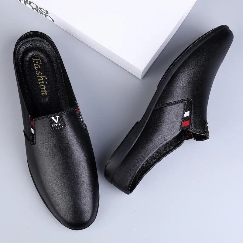 Men's Leather Black Half Leather Shoes Fashion Non-slip Half Trailer Men Sandals Moccasin Breathable Soft Flats Men Driving Shoe