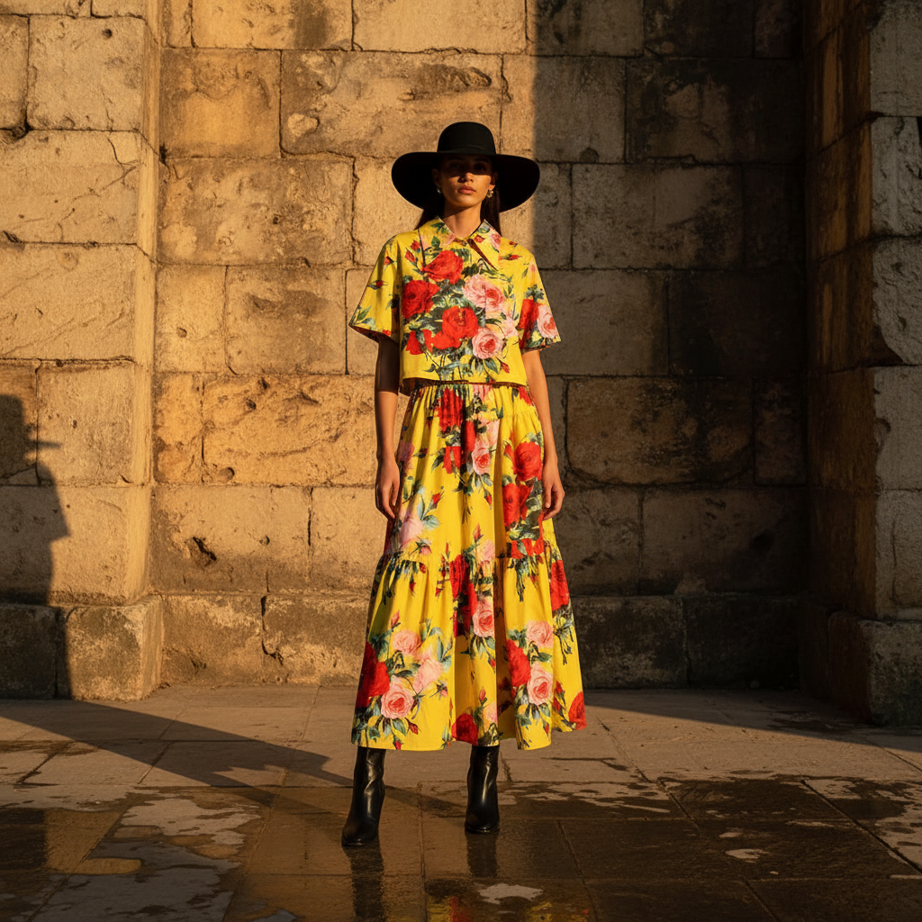 Retro print lapel short shirt two-piece set for 2026 summer women's wear+elastic waist loose pleated skirt fashion set
