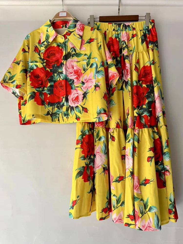 Retro print lapel short shirt two-piece set for 2026 summer women's wear+elastic waist loose pleated skirt fashion set