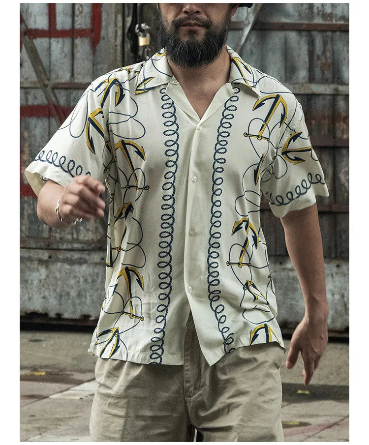 Rugged Bronson Anchor Border Rayon Camp Shirt Old-Fashion Men's Hawaiian Shirt For Beach Vacation