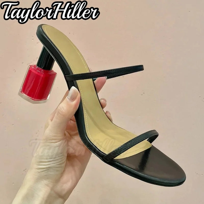 Vintage Strange Style Heeled Sandals Double Strappy Luxury Rose Design Summer Mule High Heels Pull On Slip On Black White Shoes