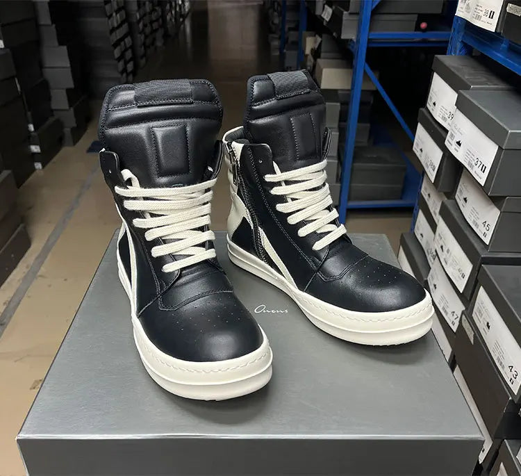 Men's Casual Shoes Genuine Leather Shoes for Women Owen Geo Black Solid Sneakers Lace-up Men's Shoes