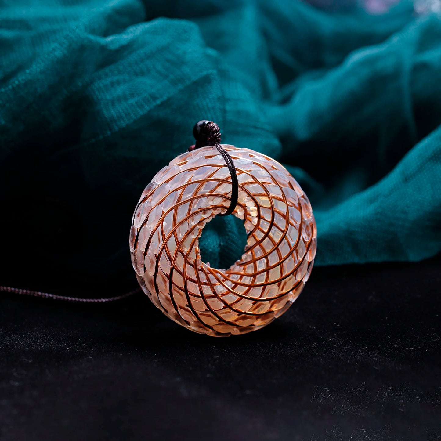 Rodin Coil &Opal Orgone Pendant Necklace , Blue glass pendant jewelry, Chakra Balancing, Adjustable Chain