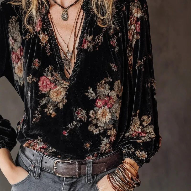 Autumn Winter Gold Velvet Printed Retro Pullover Top Women's Ethnic V-Neck Black Long Sleeved Vacation Shirt Top Streetwear New