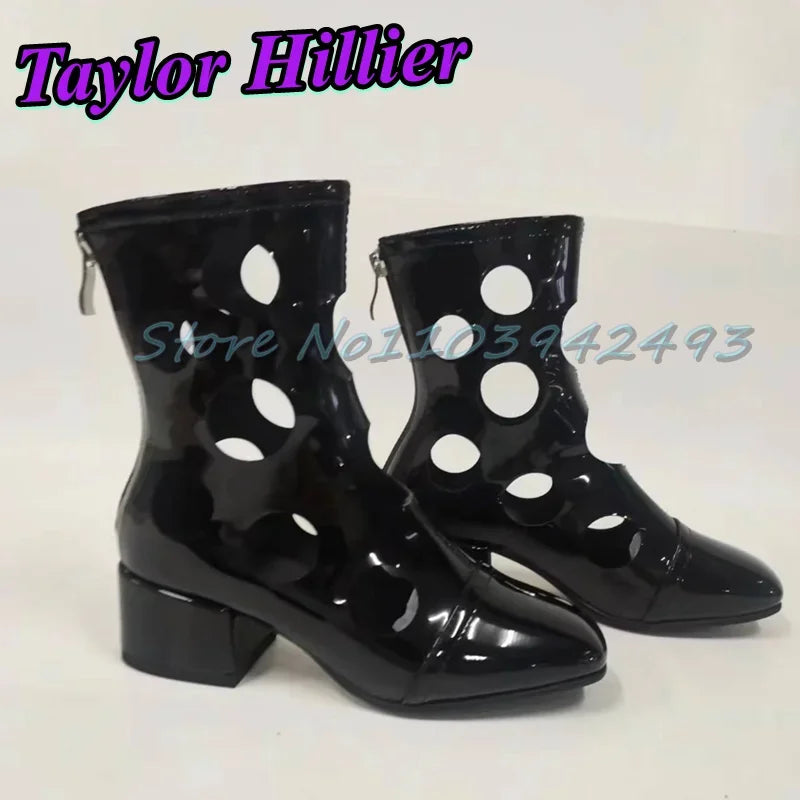 Silver Hollow Heeled Sandals Round Toe Heels Women Designer Luxury Shoes Spring Summer Hole Boots Ankle Short Boots Size Zipper