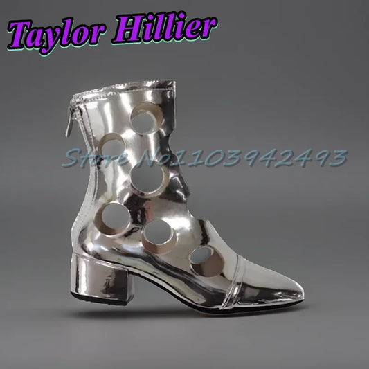 Silver Hollow Heeled Sandals Round Toe Heels Women Designer Luxury Shoes Spring Summer Hole Boots Ankle Short Boots Size Zipper