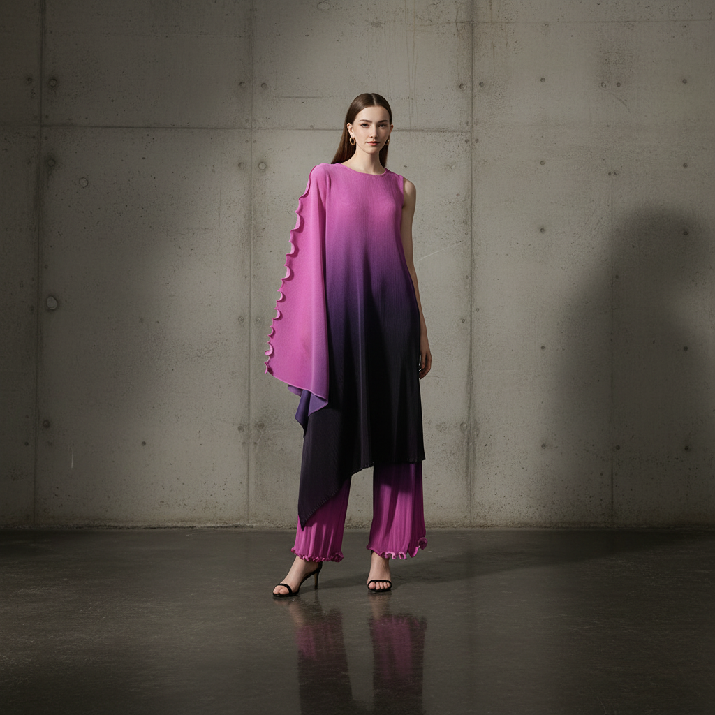 Miyake style  Pleated Bat Raglan Sleeve Irregular Dress Set Women 2025 New Fashion Original Designer Gradient Printing Two Piece Sets