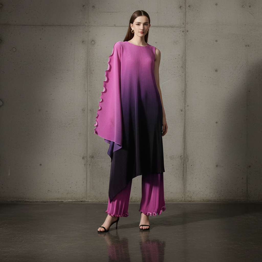 Miyake style  Pleated Bat Raglan Sleeve Irregular Dress Set Women 2025 New Fashion Original Designer Gradient Printing Two Piece Sets
