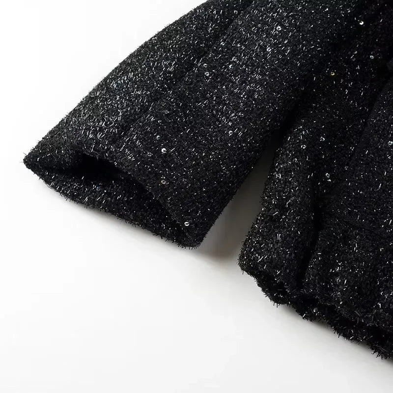 Women's Sequined Bomber Jacket Fall New Round Neck Long Sleeve Pocket Stretch Hem Sequins Jacket Coat Female Chic Outerwear