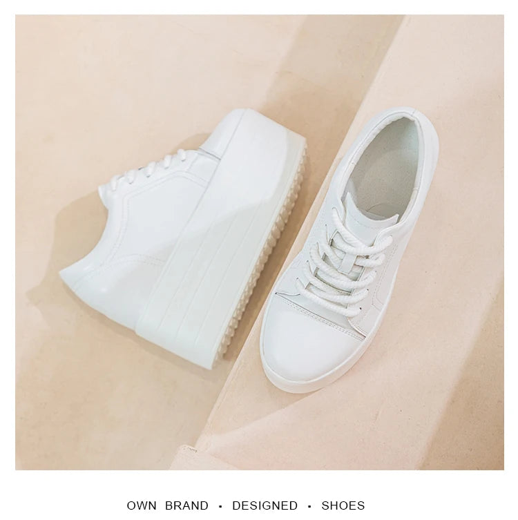 12cm Genuine Leather Platform Wedge Chunky Sneaker Hidden Heels Casual Breathable New Spring Autumn High Brand Vulcanize Shoes