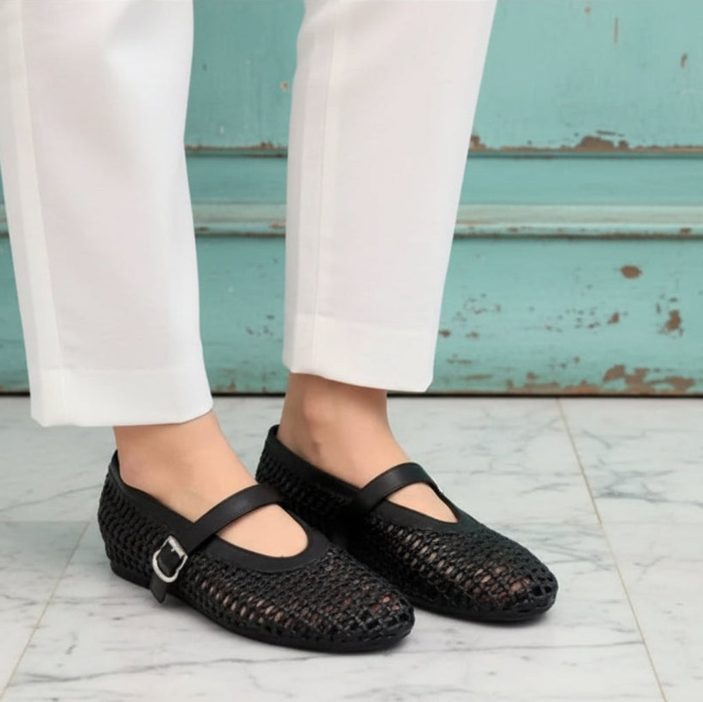 In style Fashion Summer Woven Women Ballet Flats Breathable Hollow out Mary Janes Leather Lazy Walking Loafers Girls Shoes