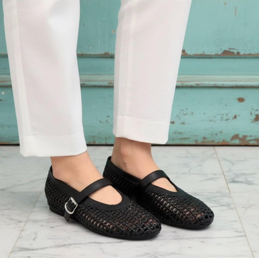 In style Fashion Summer Woven Women Ballet Flats Breathable Hollow out Mary Janes Leather Lazy Walking Loafers Girls Shoes