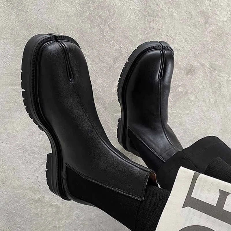 Genuine leather Split-toed Boots Mid-tube Chelsea Boots Men's and Women's Couples High-top Set of Split-toed Leather Shoes