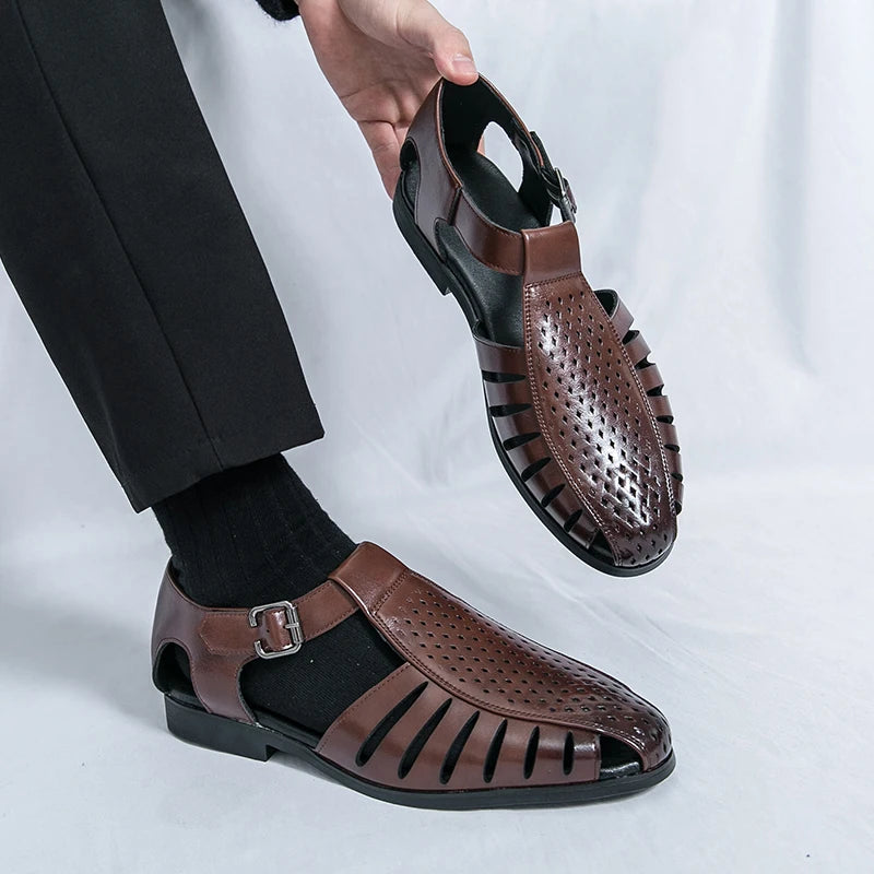 Brand's New Men's Summer Oversized Breathable Sandals Retro Pointed Men's Fashion Trend Hollowed Out Comfortable Leather Shoes