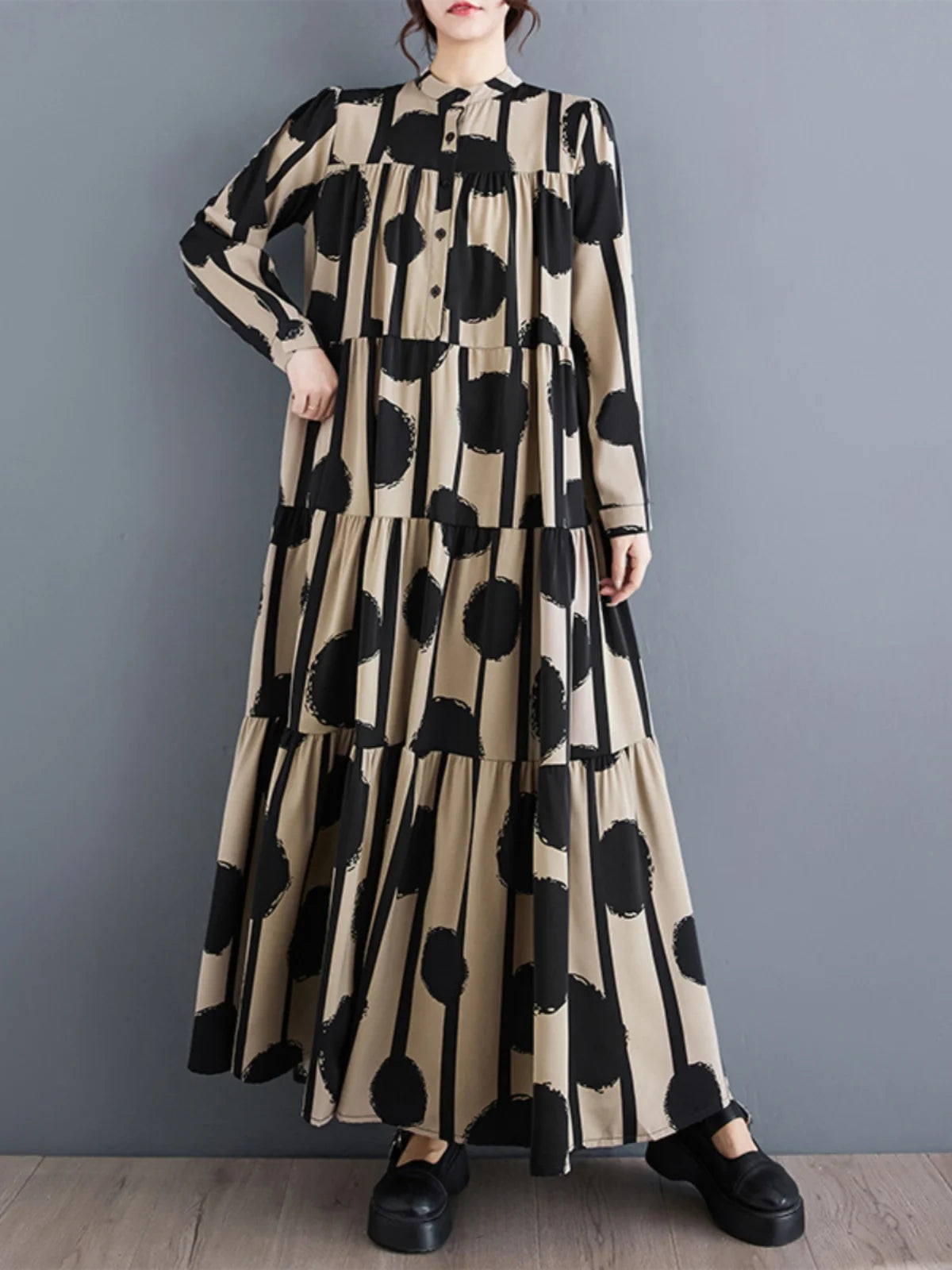 Ele Long Dr Women's Spring Autumn High Waist A-Line Polka Dot Print Maxi Skirt Faionable Bell Sve High Ne