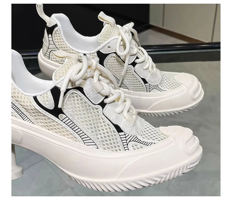 Summer Adult Girls High Heeled Dad Shoes Women Spring Versatile Breathable Lace up Casual Shoes Fashion Sports Mesh High Heels