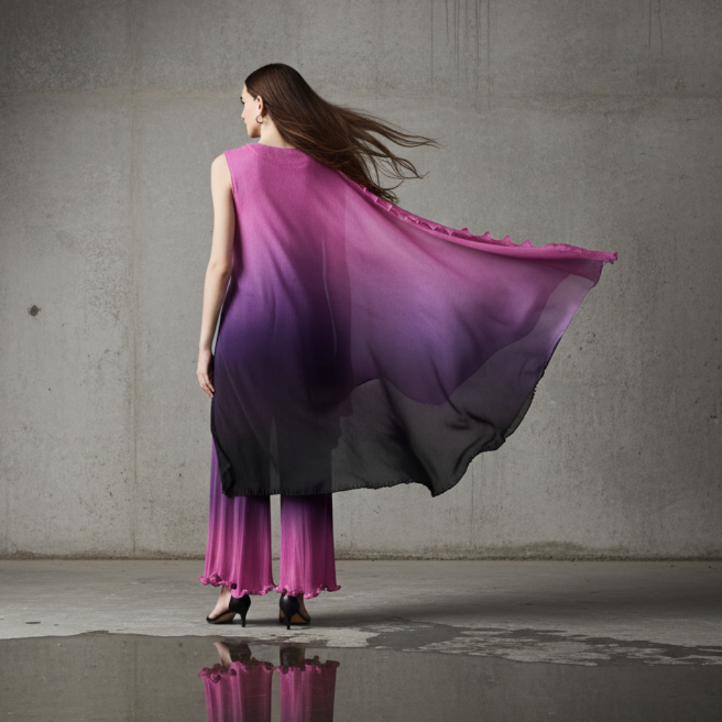 Miyake style  Pleated Bat Raglan Sleeve Irregular Dress Set Women 2025 New Fashion Original Designer Gradient Printing Two Piece Sets