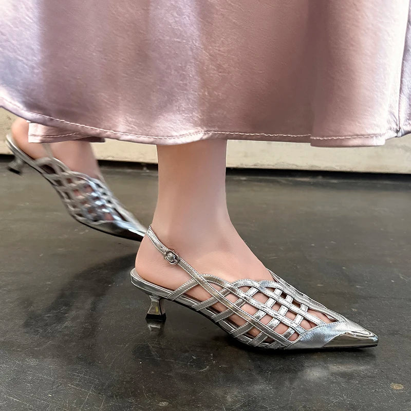 Sexy Real Leather Sandals Women Covered Metal Head Toe Narrow Band Sandals Ladies Party Dating Summer Med Heels