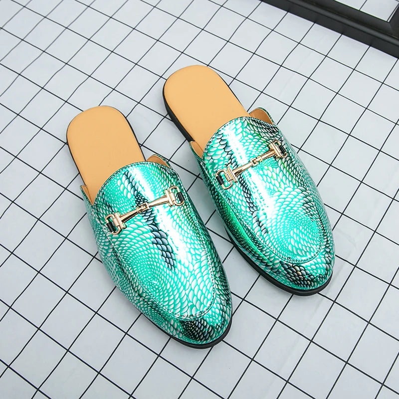 Fashion Brand Men's Cool Snake Skin Pattern Comfortable Half Back Leather Shoe Summer Men Breathable Bottom Casual Leather Shoes
