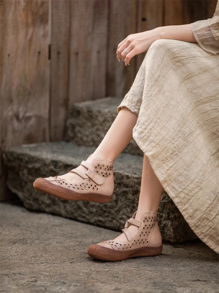 2026 Summer Retro Handmade Women's Shoes Genuine Leather Soft Bottom Mom Sandals Cowhide Hollow Out Casual Sandal Boots