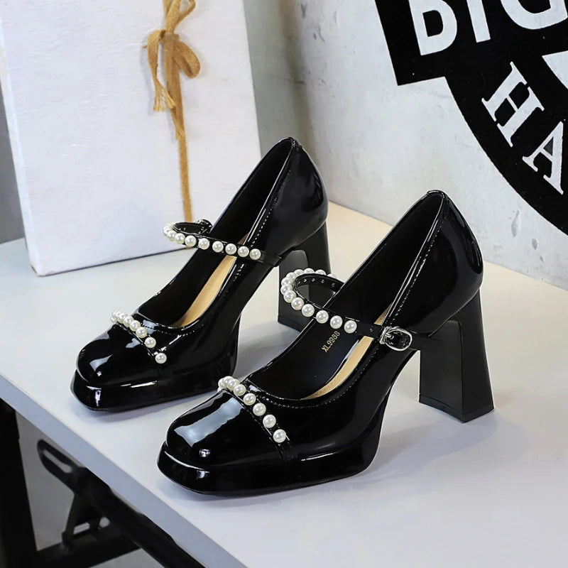 Retro Style Color Block Square Toe Thick Heel High Heels Women's Waterproof Platform Pearl Mary Jane Shoes Casual Fashion