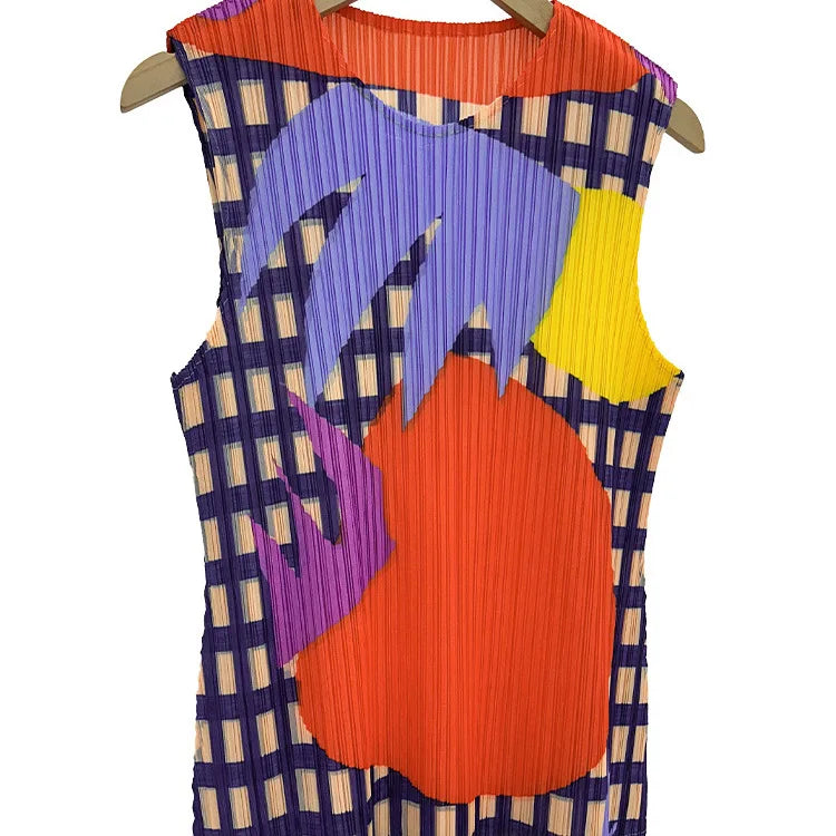 Miyake Pleated Sleeveless Vest Women's Spring and Summer New Contrast Color Geometric Print Loose Casual Fashion Round Neck Top