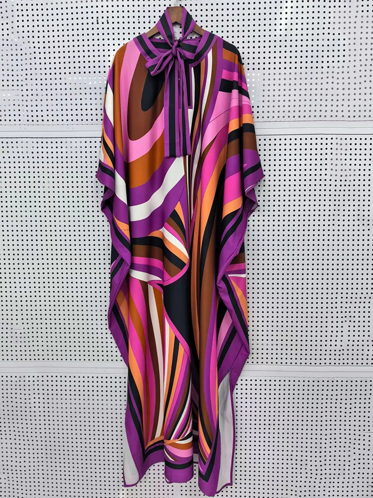 Retro geometric print lace up waist cinched round neck pullover dress 2026 summer women's wide and relaxed slit puffy skirt