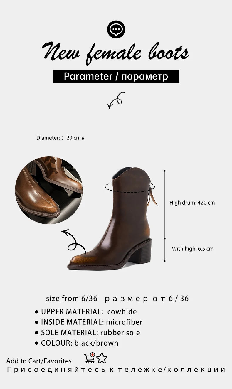 Ods New Women Genuine Leather Pointed Toe Knee High Boots Black White Brown Side Zipper Female Shoes Thick Heel Plus Size 42
