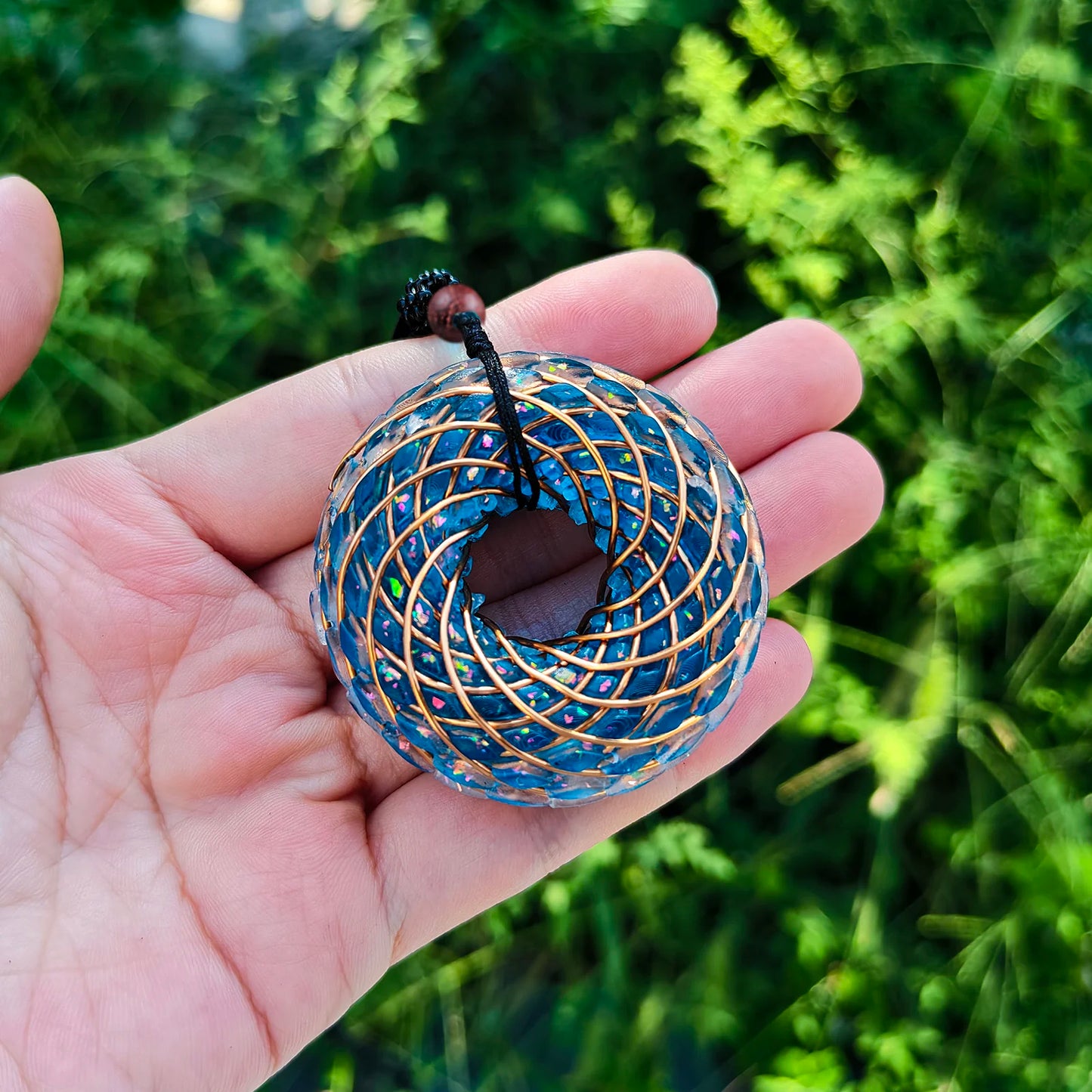 Rodin Coil &Opal Orgone Pendant Necklace , Blue glass pendant jewelry, Chakra Balancing, Adjustable Chain
