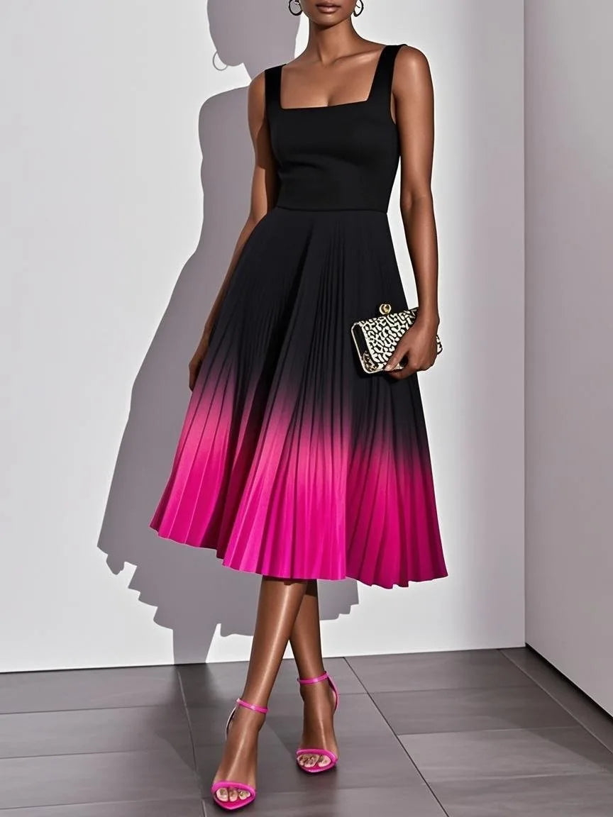 Women Sleeveless Square Neck Ombre Pleated Midi Dress High Waist A Line Party Skirt