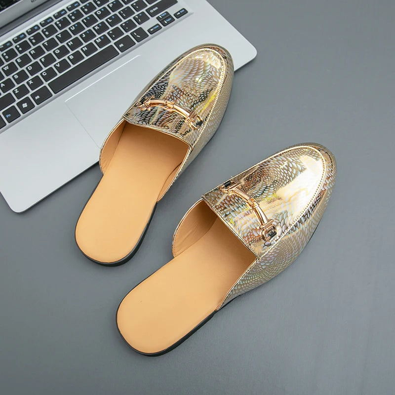 Fashion Brand Men's Cool Snake Skin Pattern Comfortable Half Back Leather Shoe Summer Men Breathable Bottom Casual Leather Shoes