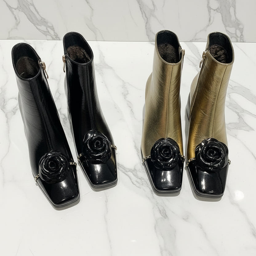 Genuine Leather Flower Metal Chain Short Boots Women Thick High Heels Young Ladies Mixed Color Boots Party Dating