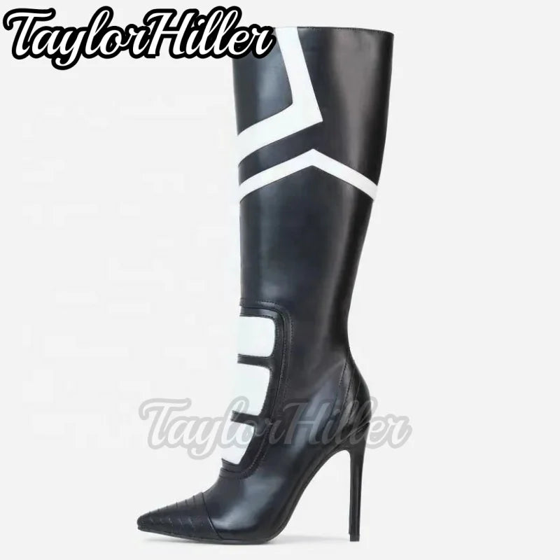 Black White Patchwork Boots Pointy Toe Stiletto High Heels Hollow Out Denim Botas Women Luxury Designer Shoes Sports Style 2026