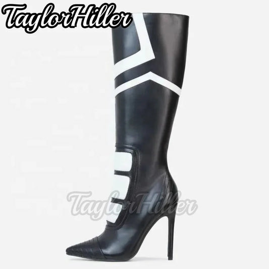 Black White Patchwork Boots Pointy Toe Stiletto High Heels Hollow Out Denim Botas Women Luxury Designer Shoes Sports Style 2026