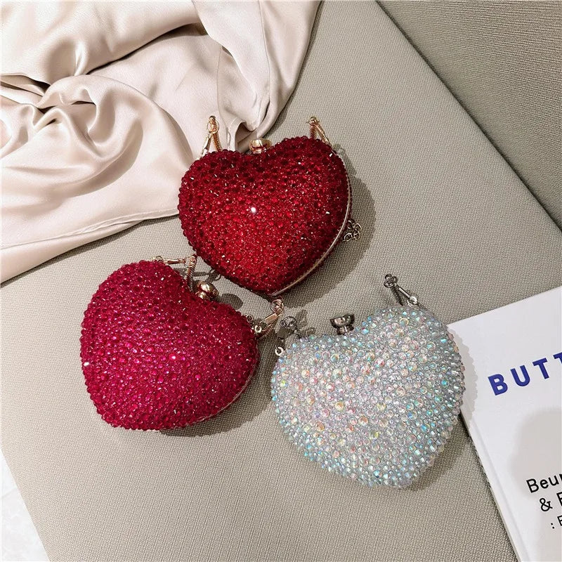 Luxury Diamond Inlay Heart Shape Crystal Clutch Purse Stones Evening Wedding Party Shoulder Bags Handle Rhinestone Mini Handbags