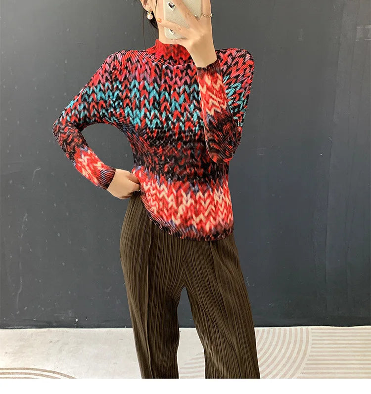 Miyake Pleated 2026 Spring and Summer New Fashion Tops Women's Long-sleeved Half-high Collar Printed T-shirt Bottoming Shirt