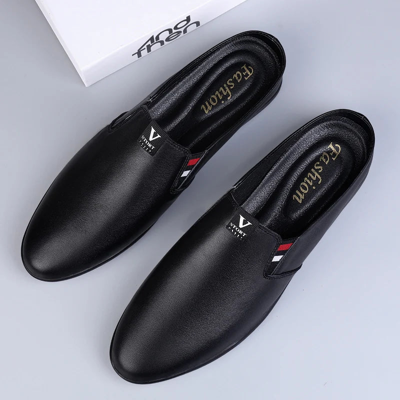 Men's Leather Black Half Leather Shoes Fashion Non-slip Half Trailer Men Sandals Moccasin Breathable Soft Flats Men Driving Shoe