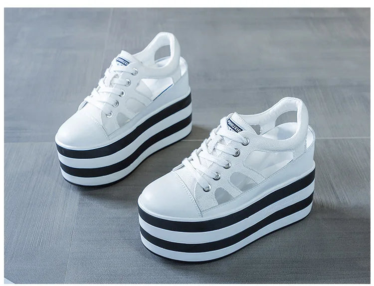 Fujin 12cm Platform Wedge Shoes Sandals for Women Sneakers Summer Shoes Hollow Cut Summer Sneakers Genuine Leather