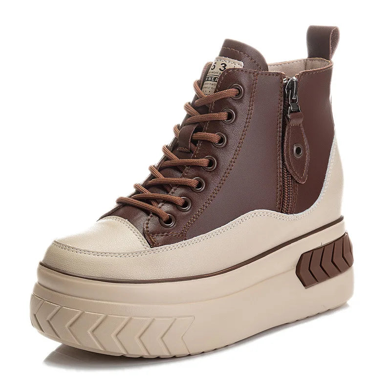 High Top Women Shoes Genuine Leather 8cm Platform Boots Ankle Wedge Hidden Heel Zip Autumn Warm Fur Winter Shoes Sneakers